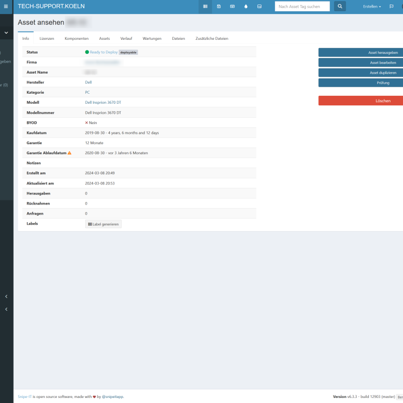 Screenshot von Snipe-IT