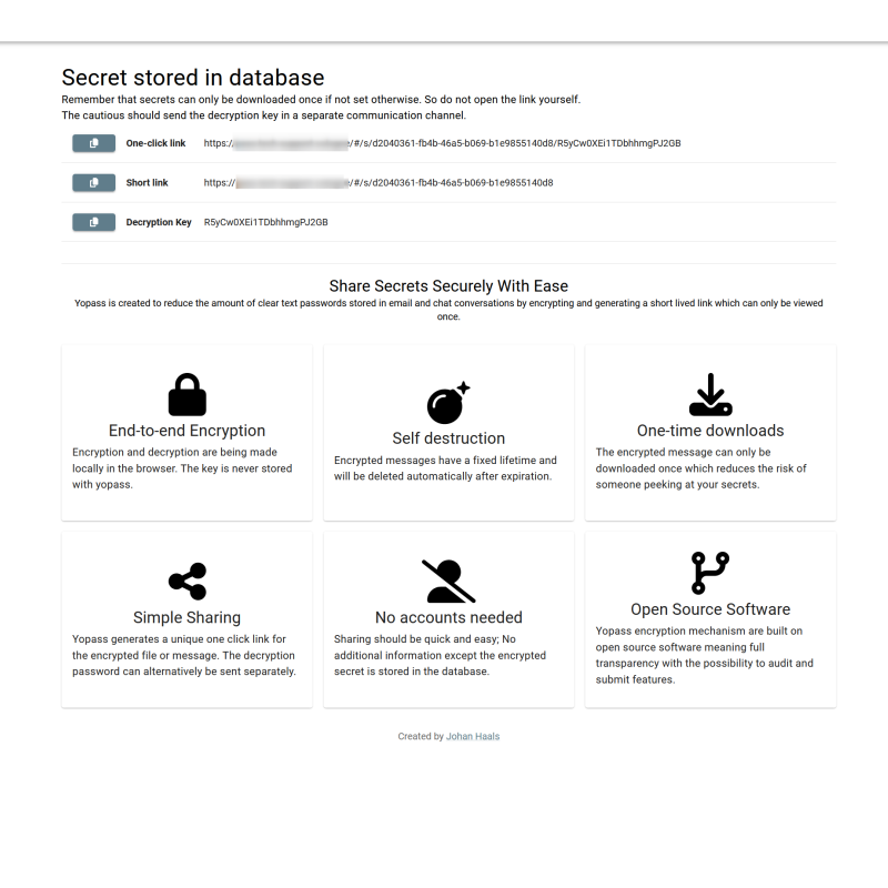 Screenshot Yopass One-Click Link