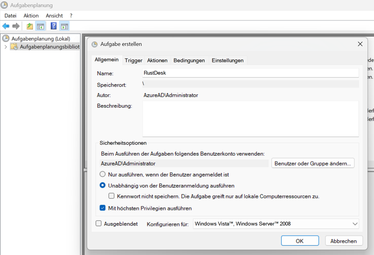 Screenshot Aufgabenplanung, Aufgabe erstellen